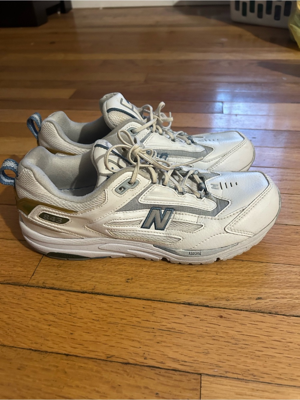 New Balance Men's 843 White Sneakers with Gray and Olive Accents